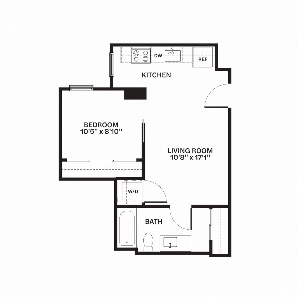Floor plan for 1 bed, 1 bath, 510 sqft